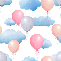 Cute seamless pattern with blue clouds and Balloons in watercolor style. Hand drawn illustration in pastel colors. Cute backdrop for baby shower, birthday, party, wrapping paper, textile design.