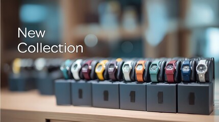 Blurred image of a shopping mall with clean white text “New Collection” promoting latest fashion updates or retail display.