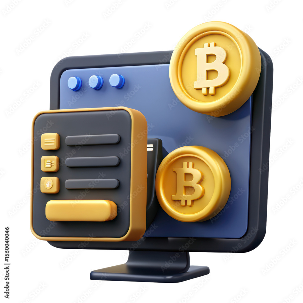 Poster high quality 3d rendering icon crypto currency bitcoin on computer screen shows online banking and f