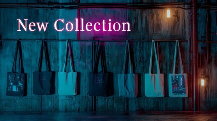 Blurred image of a shopping mall with clean white text “New Collection” promoting latest fashion updates or retail display.