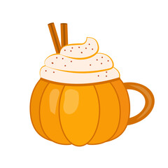 Pumpkin latte isolated on white background. Autumn coffee drink with whipped cream. Vector illustration