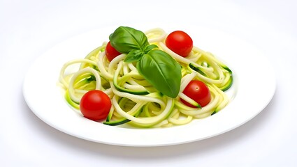 Zucchini noodles with cherry tomatoes and basil on a white plate against a white background