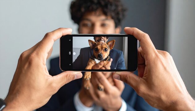 Man Taking Photo Of Small Dog In Suit