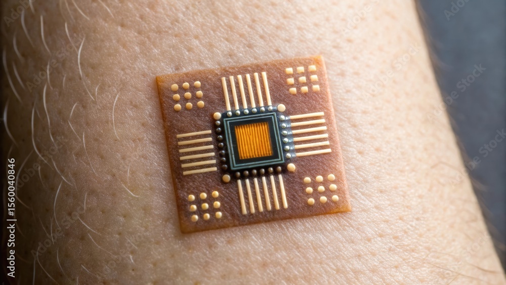 Poster a microchip is embedded on a skin surface, showcasing advanced technology and innovation in wearable