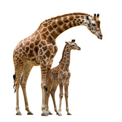 Naklejka premium Mother and baby giraffe together, white background, clean and well-lit