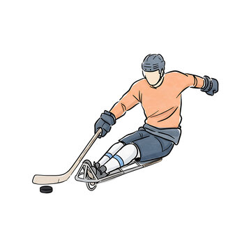 Sledge hockey player in motion shooting puck on ice  