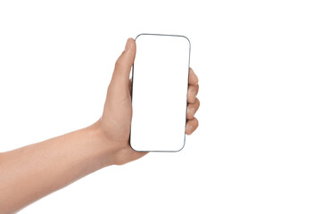 Man with modern smartphone on white background, closeup. Mockup for design
