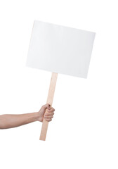 Man holding blank sign on white background, closeup. Mockup for design