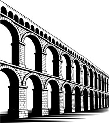 Simplified Roman Aqueduct Silhouette Vector, Bold Black Outline Architecture Design, Classic Ancient structure Illustration, Monochrome Minimalist Graphic, Transparent Background