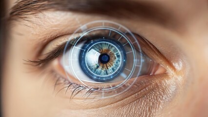 A close-up of an eye with a futuristic, digital interface overlay, highlighting technology and vision.