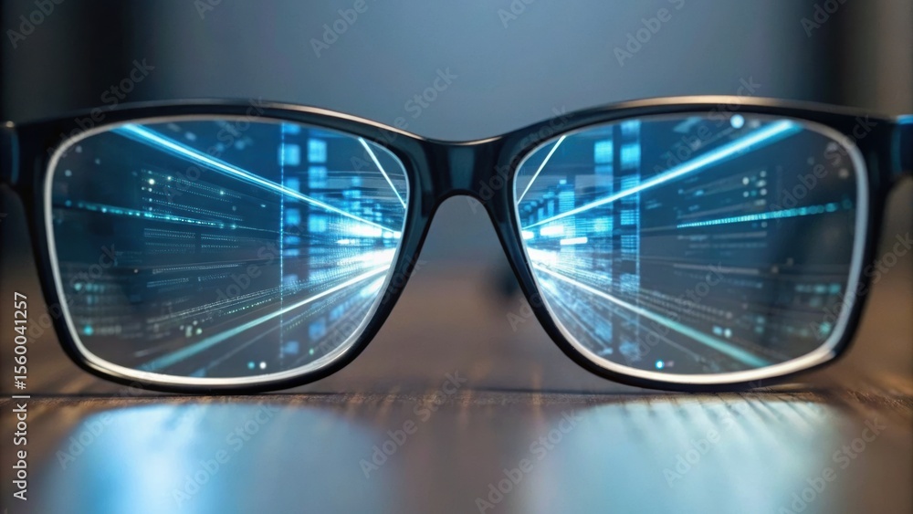 Poster glasses reflecting digital data streams, symbolizing technology and vision in a modern context.