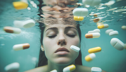 Woman submerged ocean pills. Metaphor drug abuse, addiction, health risks. Crisis, dependency, medication, pharmaceutical prescription. Mental health