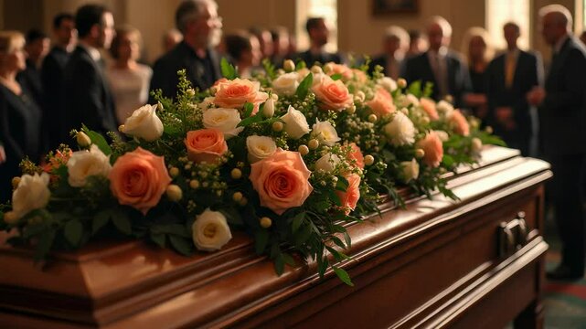 Funeral ceremony in the funeral home. Close-up of a coffin made of wood decorated with roses and surrounded by mourners, bowing their heads in grief.