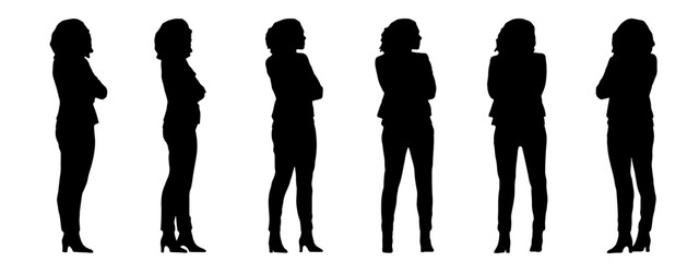 Vector concept conceptual black silhouette of a woman with a bag from different perspectives isolated on white background. A metaphor for casual, fashion, relaxation, leisure and lifestyle