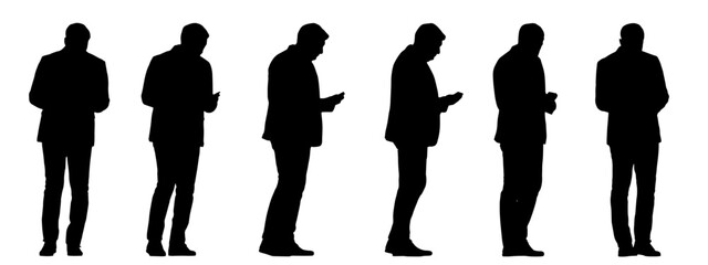 Vector concept conceptual black silhouette of a businessman from different perspectives isolated on white background. A metaphor for success, education, business, confidence, leadership and vision