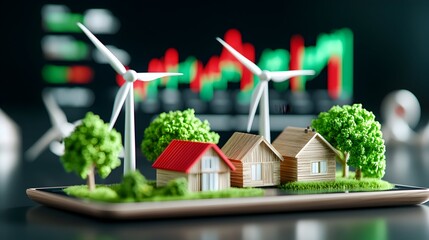Green energy homes on phone, stock market background