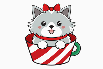 Adorable cartoon illustration of a fluffy white puppy with a red bow and scarf sitting inside a festive red holiday cup 