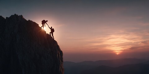 A silhouette image of two people climbing a steep cliff, used for promoting themes of teamwork and goal pursuit.