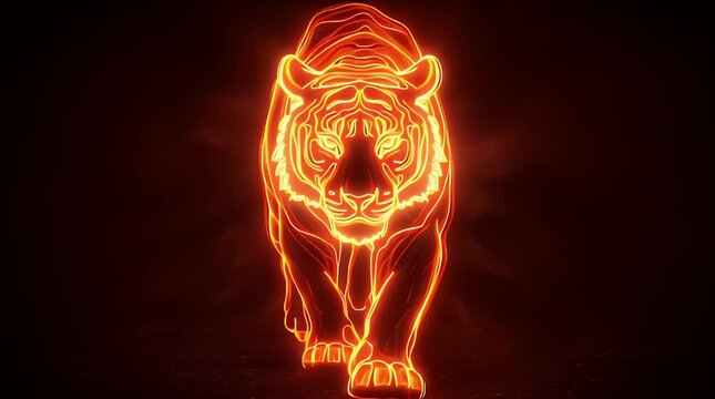 歩いてくるネオンの虎のアニメーション｜Animation of a walking tiger made of neon light