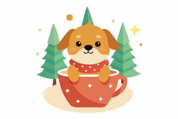 Adorable cartoon illustration of a fluffy white puppy with a red bow and scarf sitting inside a festive red holiday cup 