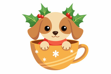 Adorable cartoon illustration of a fluffy white puppy with a red bow and scarf sitting inside a festive red holiday cup 