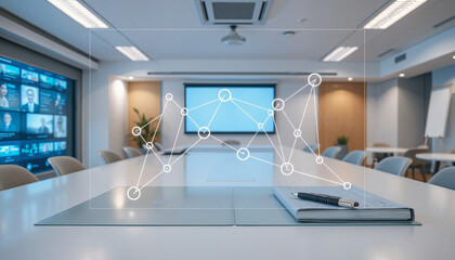 Modern conference room with data visualization on screen  