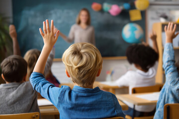 Happy elementary students raising their hands on a class at school.