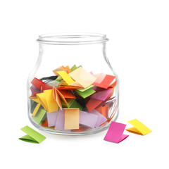Colorful paper pieces in glass jar isolated on white