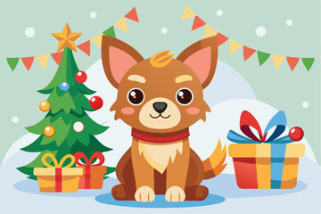 Adorable cartoon illustration of a fluffy white puppy with a red bow and scarf sitting inside a festive red holiday cup 