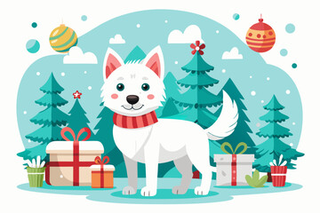 Adorable cartoon illustration of a fluffy white puppy with a red bow and scarf sitting inside a festive red holiday cup 