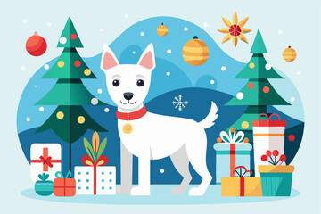 Adorable cartoon illustration of a fluffy white puppy with a red bow and scarf sitting inside a festive red holiday cup 