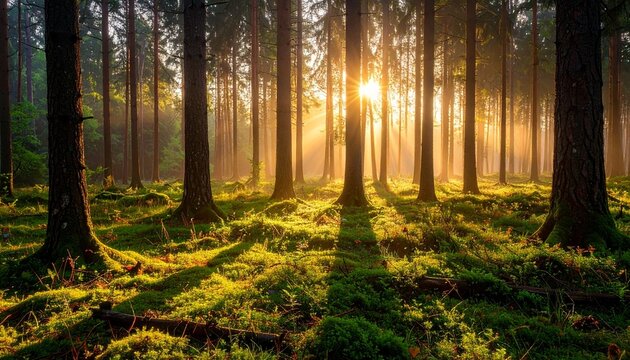 Tranquil forest clearing where warm sunrise light hits damp bark, with mist rolling between trees and shadows stretching long