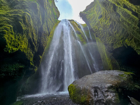 Gljufrabui waterfall Iceland cascading through lush cliffs in Icelandic wilderness