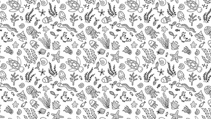 Seamless pattern with sea animals and plants in black and white doodle style on a white background