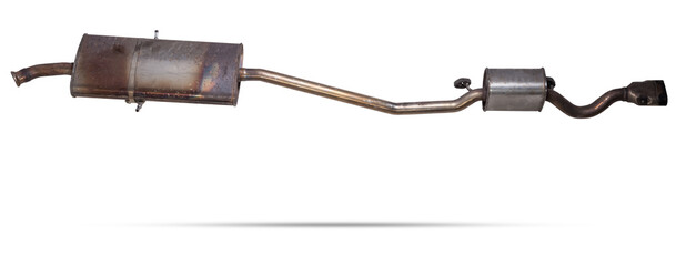 Car exhaust system on a white isolated background with a muffler for welding and car tuning. Catalog of spare parts.