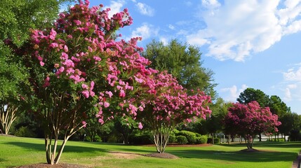 Close-up of crape myrtle trees in full bloom with vibrant pink, purple, and white flowers, showcasing their smooth bark, slender branches, and lush foliage in a garden or park setting under sunlight