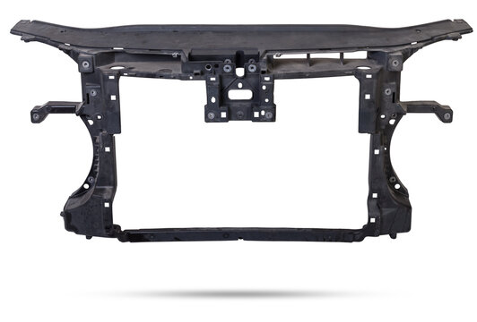 Plastic stiffener reinforcement for the front panel of the car black body spare part of the strengthener of bumper. Equipment for sale or installation in auto service or garage. Car parts catalog.