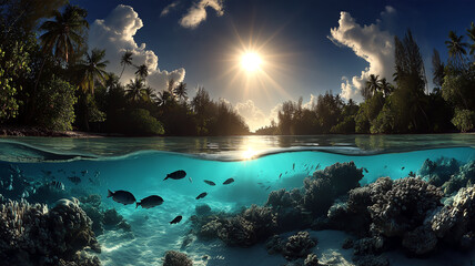 Sunlight pierces the ocean-forest edge, revealing a vivid coral sanctuary
