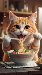 a playful cat eating noodles