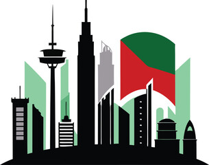 This collection of images showcases architectural landmarks and cultural symbols of Qatar, including buildings, a falcon