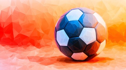 Low-poly soccer ball on abstract orange background