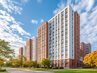 Multi story school dorm building exterior, modern university campus housing, apartment student residential with many windows, urban college accommodation facade, educational architecture ho 57317247 1
