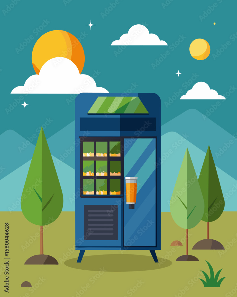 Poster a solarpowered vending machine providing refreshments in a remote and secluded location without any 