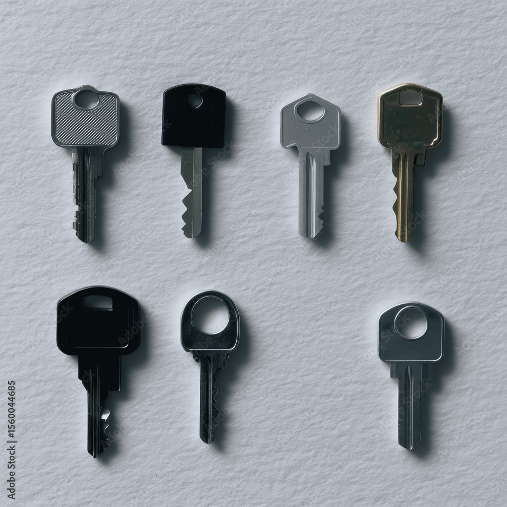 Poster keys to security: a neatly arranged collection of keys, showcasing different designs, highlights the