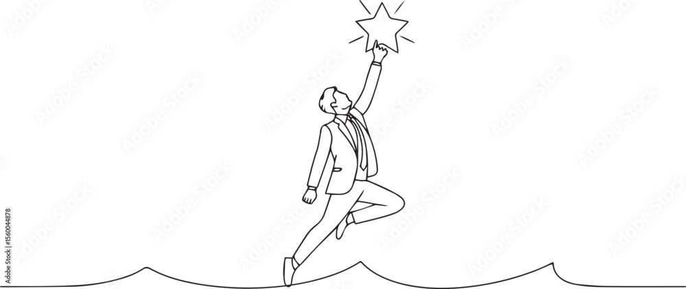 Poster continuous line drawing of a suited figure leaping upward while holding a large star above their hea