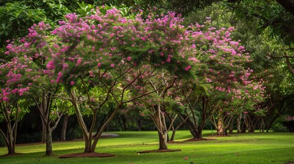 Close-up of crape myrtle trees in full bloom with vibrant pink, purple, and white flowers, showcasing their smooth bark, slender branches, and lush foliage in a garden or park setting under sunlight