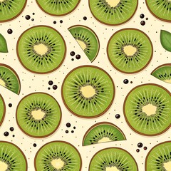 Fototapeta premium A digital illustration featuring a seamless pattern of sliced kiwis on a light background. The green kiwi slices, with their characteristic black seeds and pale centers.