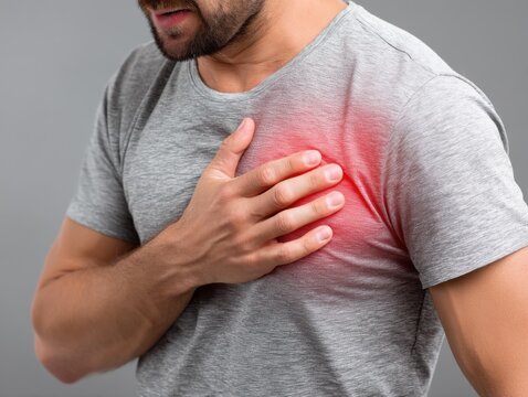 Close up of man clutching chest in pain, red spot highlighting discomfort, grey background.