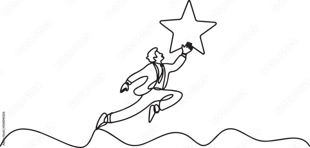 Poster continuous line drawing of a suited figure leaping upward while holding a large star above their hea