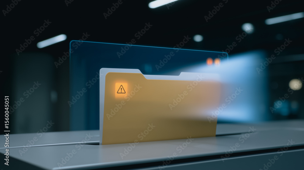 Poster data breach alert: a digital folder glows with an error symbol, indicating a data breach or critical